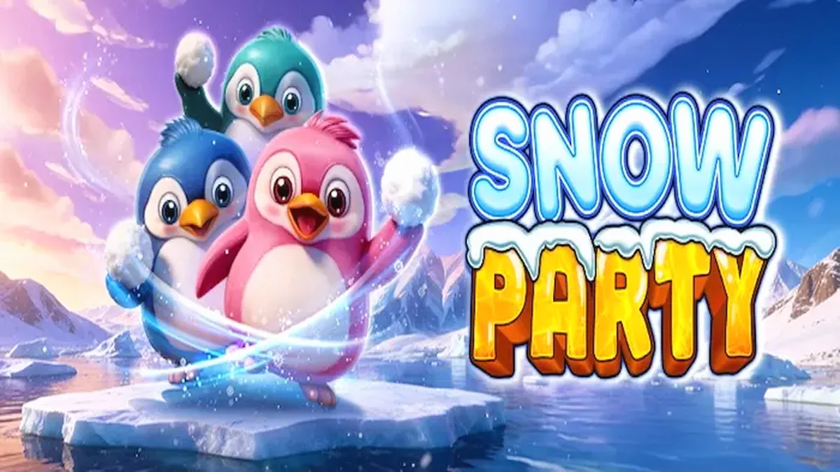 Interface colorida e gelada do slot Snow Party com pinguins e criaturas marinhas