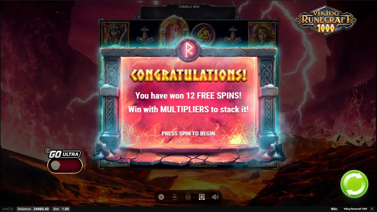 Tela de jogo do slot Viking Runecraft 1000 mostrando a grade de símbolos nórdicos
